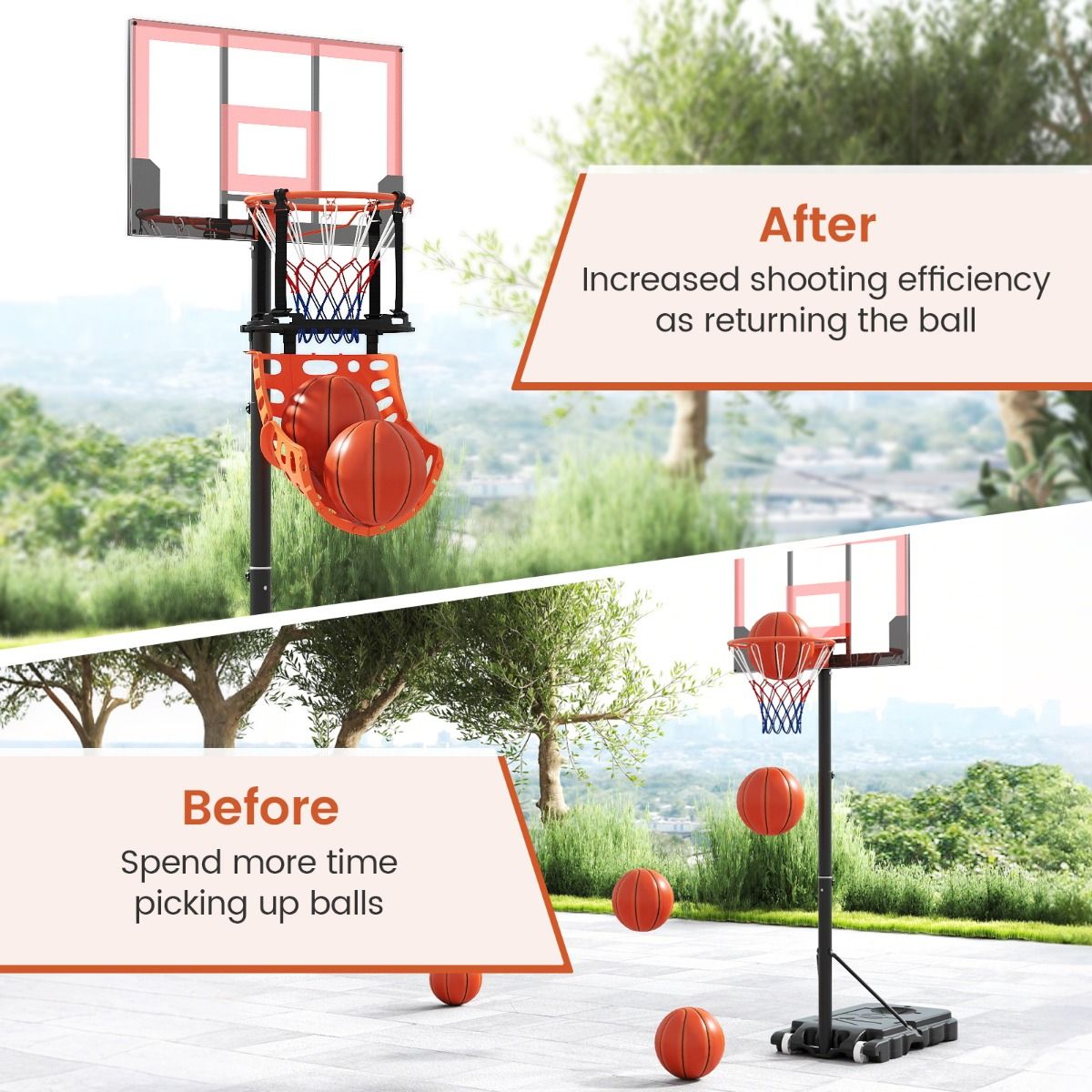 Coast Basketbalrebounder - 360 graden draaibaar - Verstelbare balterugslag - Zwart en oranje