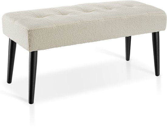tectake® Gestoffeerd Bankje - 95 x 38 x 45 cm - Stikpatroon - Draagkracht 220 kg - Zitbank - Halbank - Bank voor Woonkamer, Slaapkamer, Bedeinde - Bouclé Crème