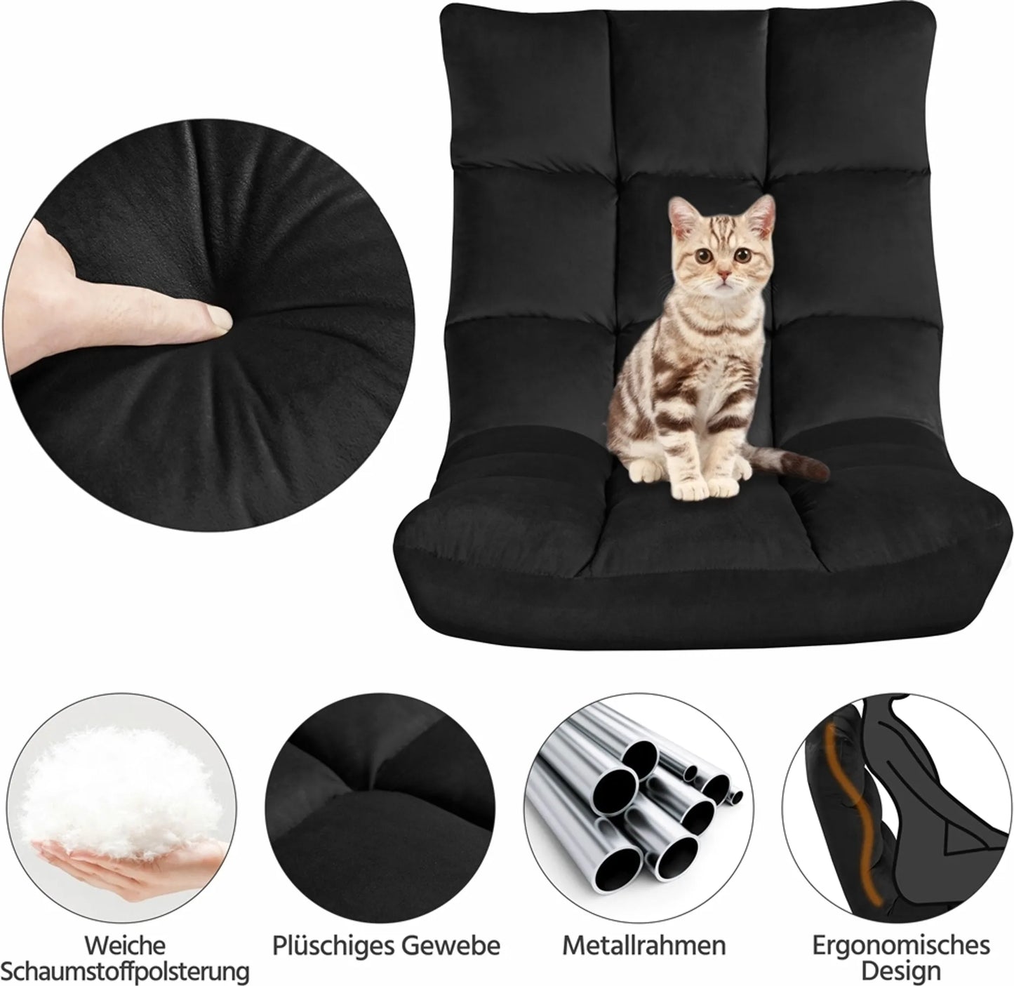 Yaheetech Vloerstoel Inclusief 14 Verstelbare Standen – Voorzien Van Schuim Met Hoge Dichtheid En Stevig Metalen Frame En Zachte Pluche Stof – Voor Woonkamer En Speelkamer – Zwart Polyester – 111,5 x 53 x 14 cm