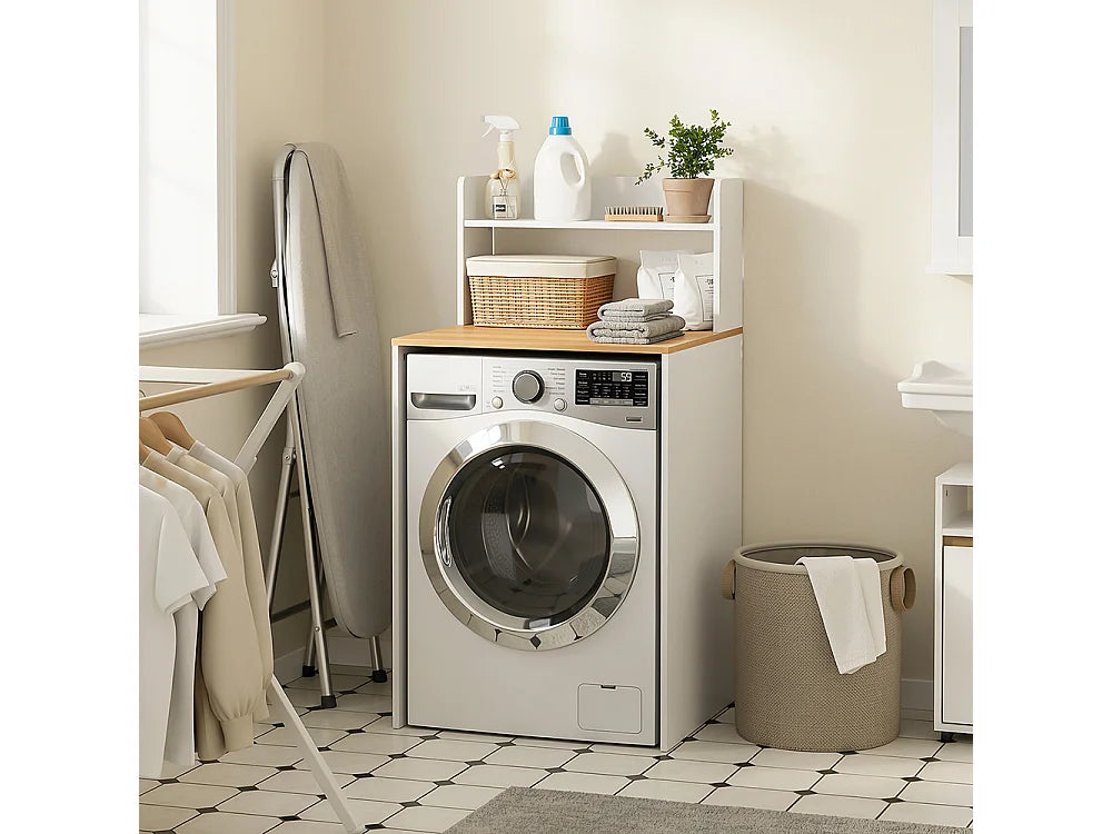 SoBuy Wasmachinekast BZR224-WN - Met Werkblad en Open Plank - 66 x 60 x 126,5 cm - Wit/Licht Eiken