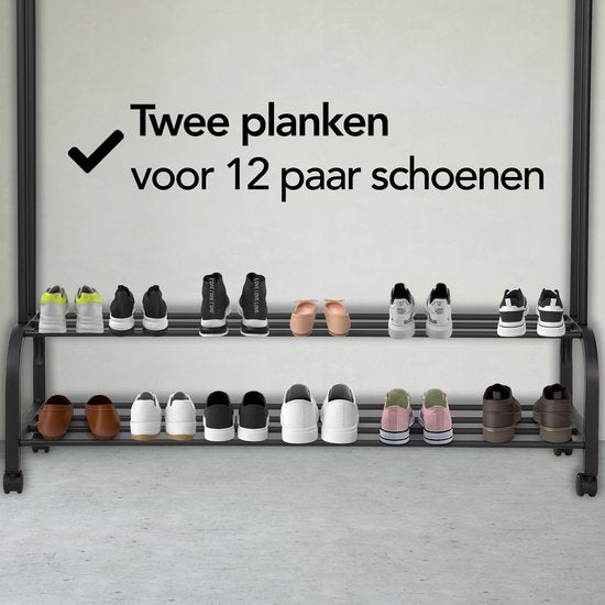 Brixy Kledingrek - Kledingrek Dubbel - Garderoberek Op Wieltjes - Kledingrek Met Schoenenrek - 98 x 34 x 159 cm - Zwart