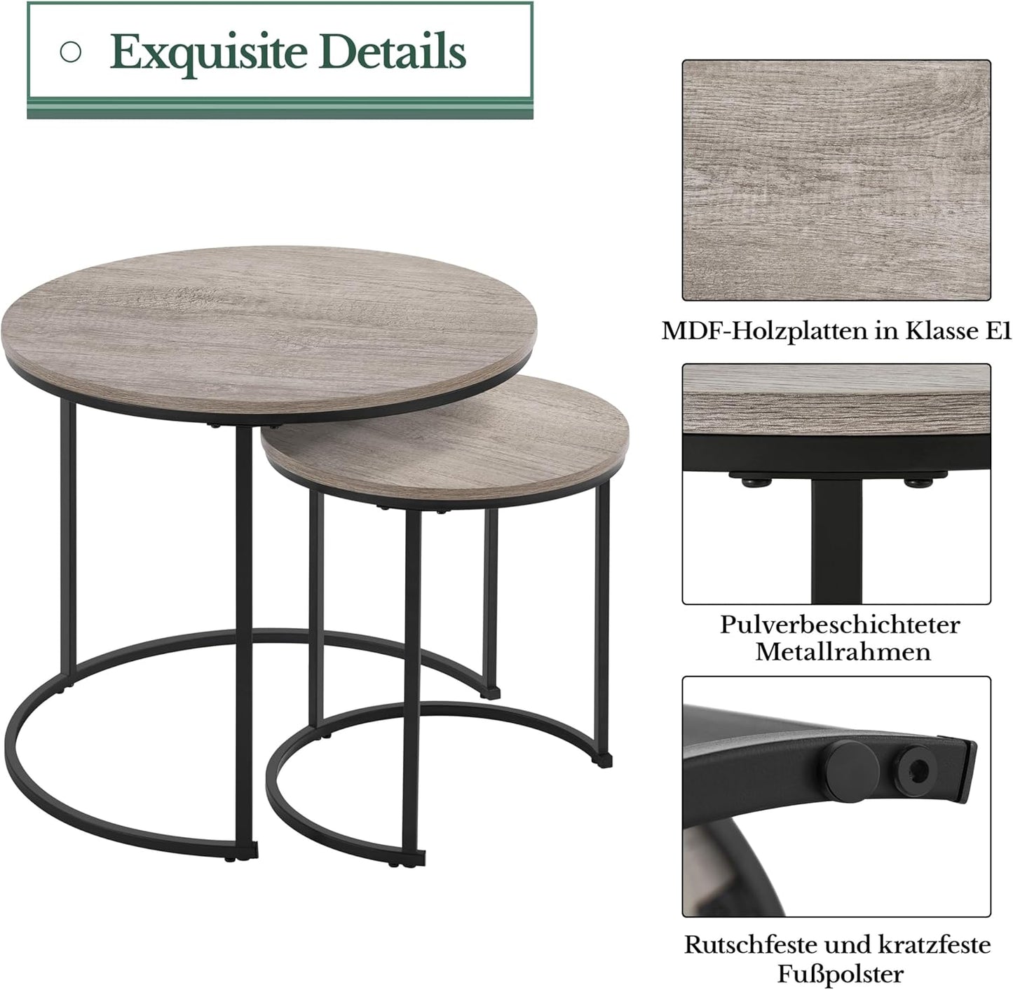 Yaheetech Salontafel Set van 2 Ronde Bijzettafels met Metalen Frame - Eiken Houtkleur