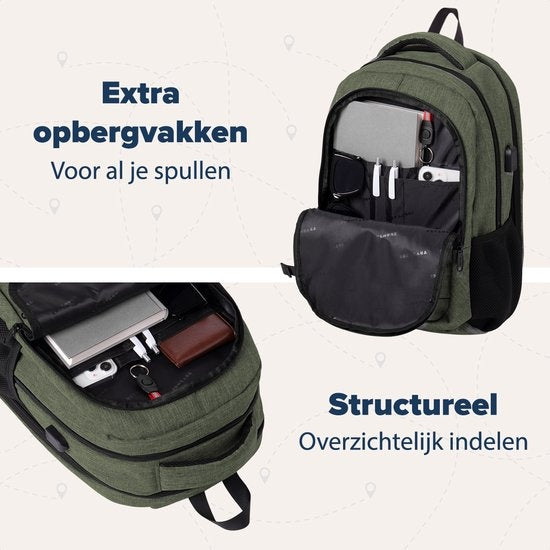 TRVLMORE Rugzak - 28L - 15,6 inch - Laptop Rugtas - Schooltas - Unisex - Spatwaterdicht Groen