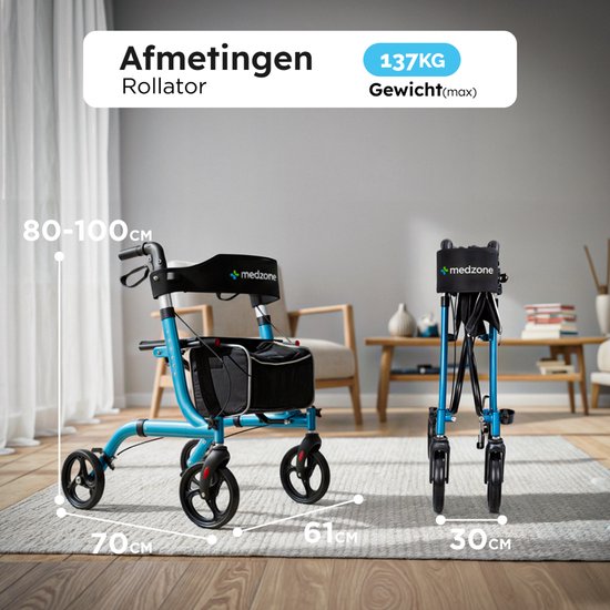 Medzone Rollator Lichtgewicht en Opvouwbaar - Zitfunctie - Binnen en Buiten - Rugleuning en Wandelstok Houder - Blauw