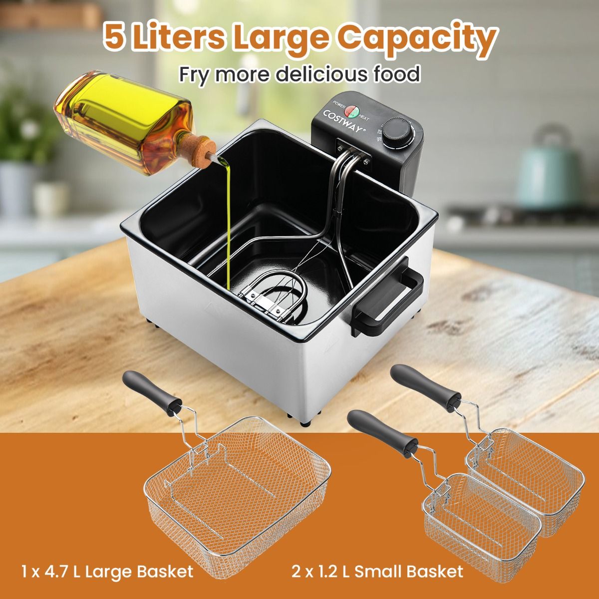 Coast Elektrische Friteuse - 5 liter - 3 frituurmanden - instelbare temperatuur - zilver en zwart