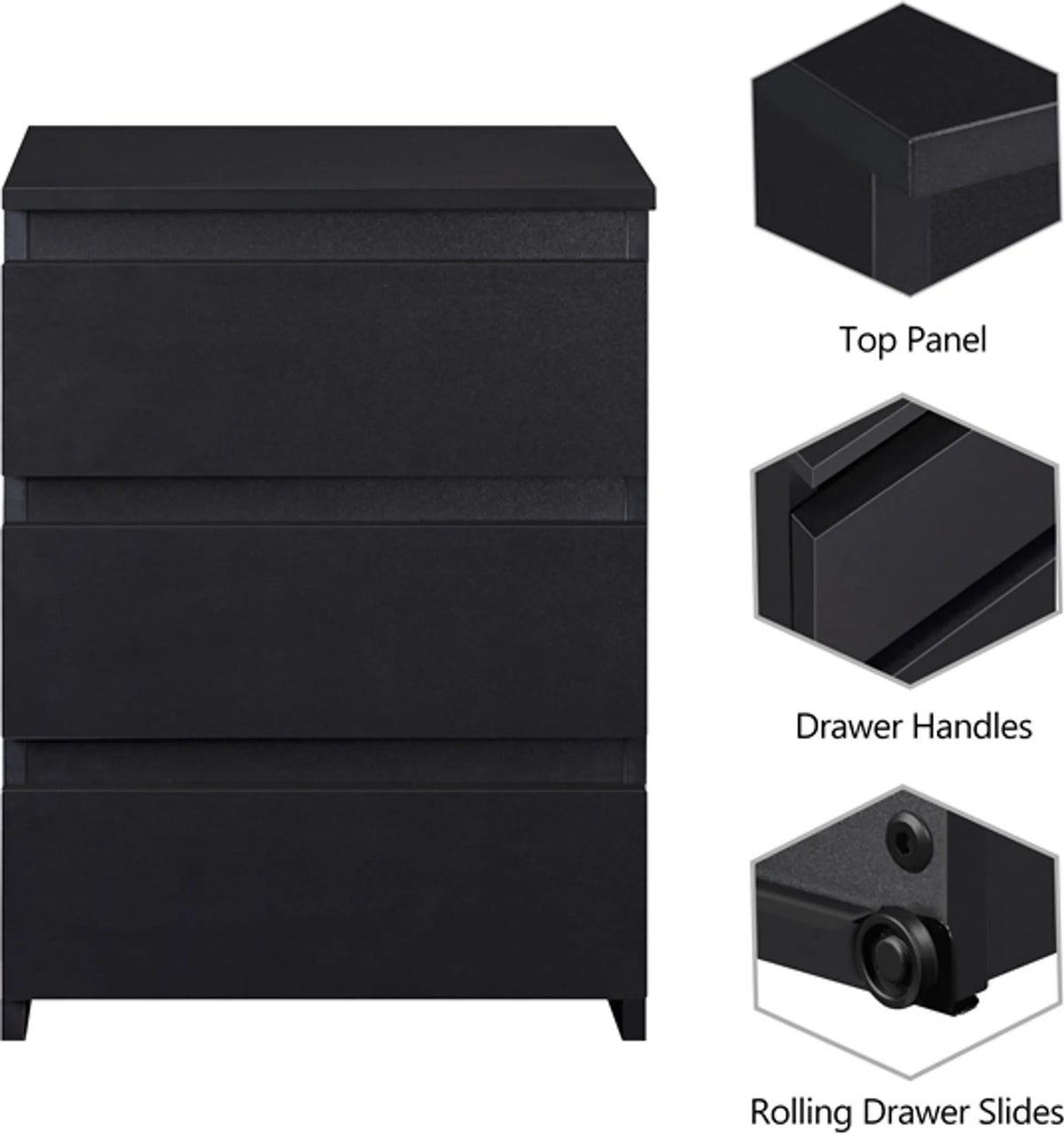 Yaheetech Stijlvol Nachtkastje met 3 Schuifladen 45,5x35,5x60,5 cm – Strak Zwart – MDF