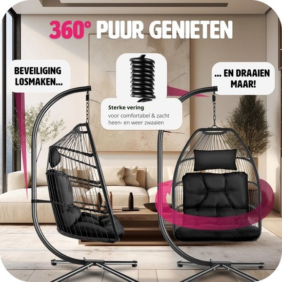 tectake® - Hangstoel Ariane met standaard en kussens 160kg – zwart - 404981