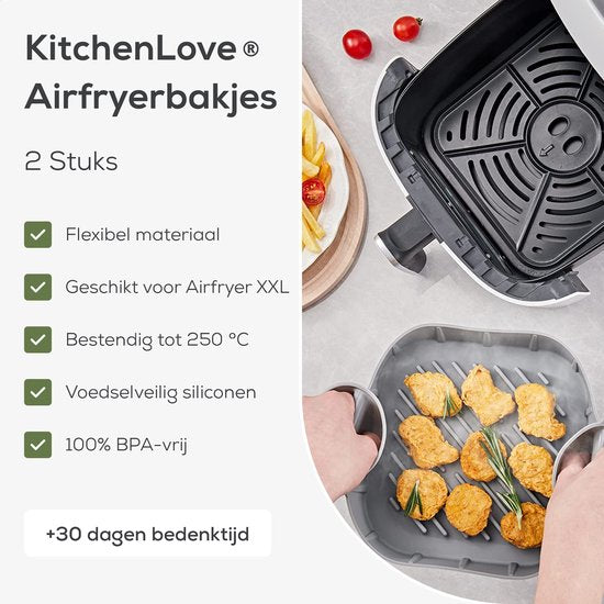 KitchenLove Airfryer Bakjes Siliconen XXL - 2 Stuks - Vierkant - Bakpapier Alternatief - Accessoires - BPA Vrij - 20CM
