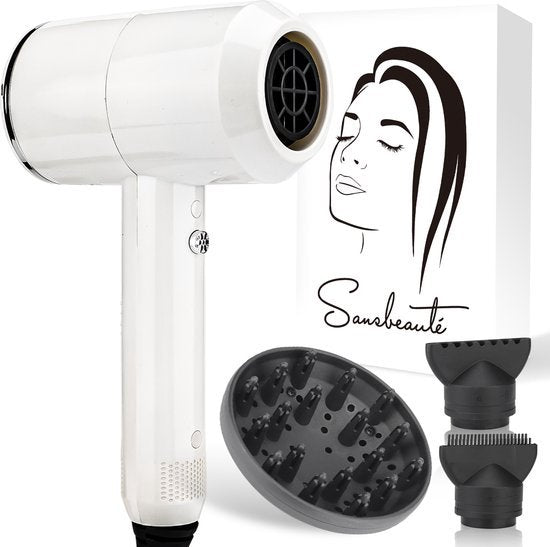Sansbeauté® Föhn met Diffuser – Ionische Haardroger – Borstel - Reisföhn - 3 Opzetstukken - Krullen – Coolshot – 3 Standen – Haarföhn met Diffuser – Hair Dryer - 2000W - Wit