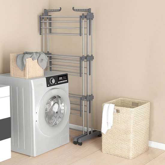Vonia Droogtoren - Droogrek - Wasrek - Wastoren Dubbel - 3 Lagen - Inklapbaar - 150 x 50 x 171 cm - Grijs