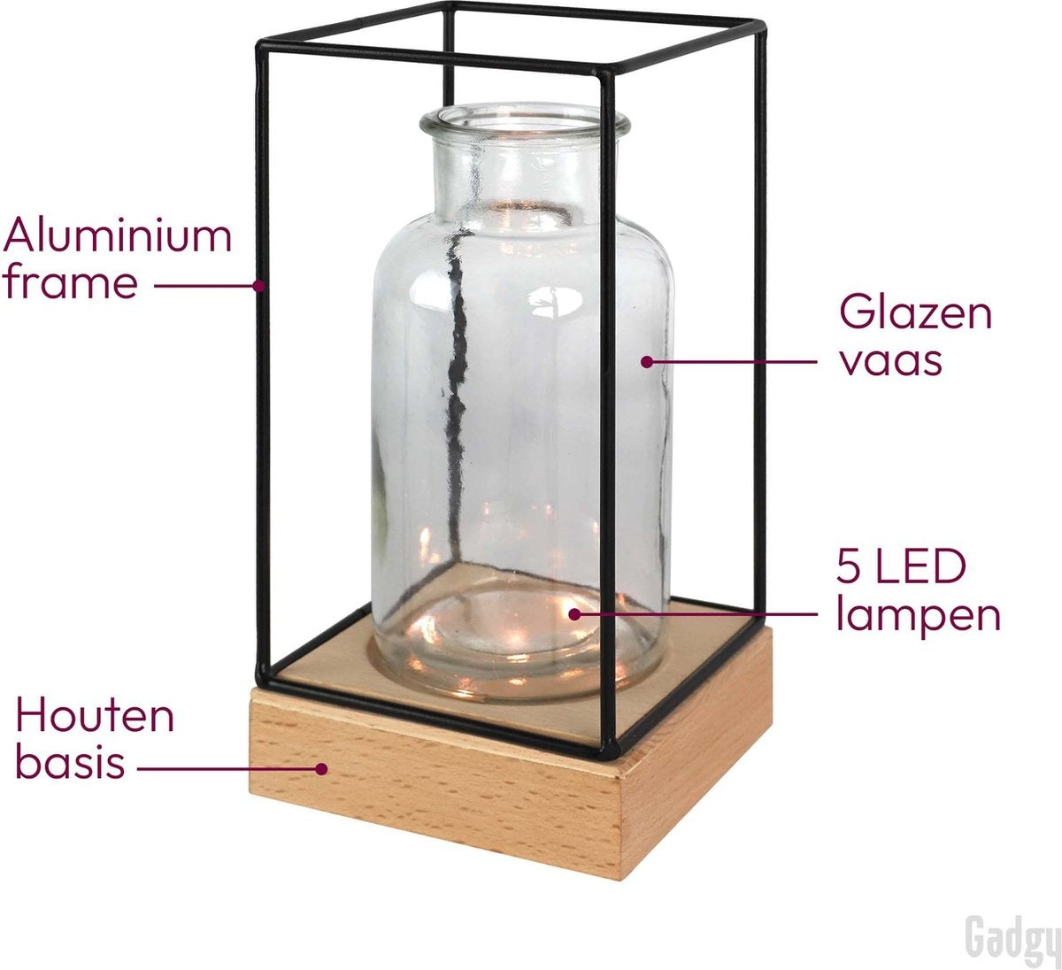 Gadgy Vaas met LED Verlichting - Vaaslamp - Glazen Vaas met Lamp - Moederdag Cadeautje - Hydroponie - Werkt op Batterijen – Tafellamp  - Ø11 cm