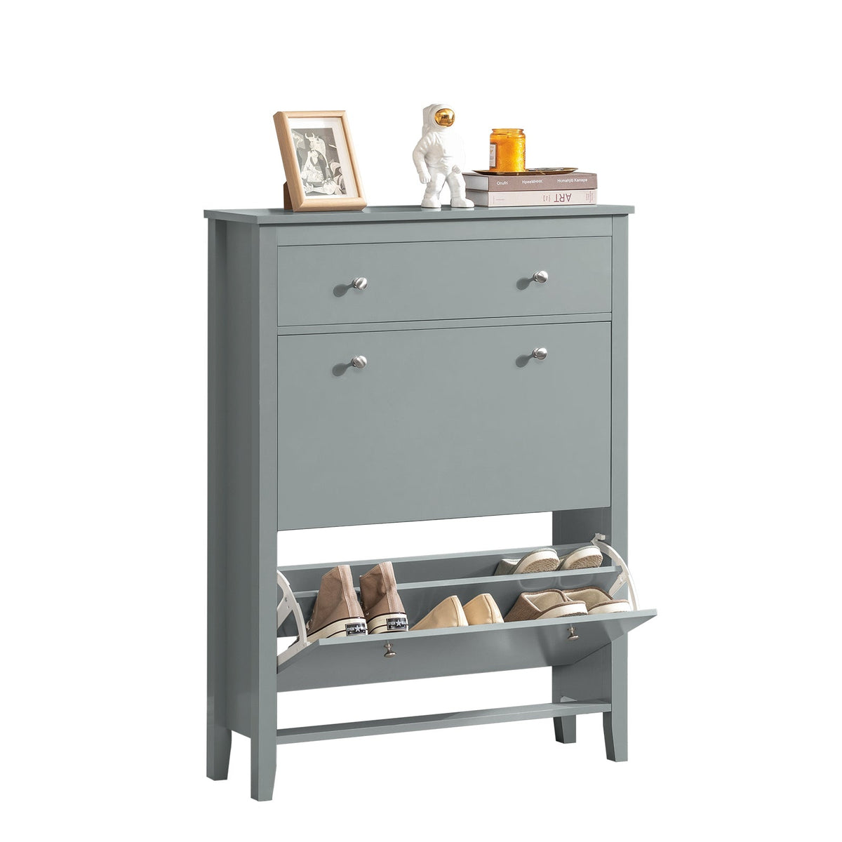 SoBuy FSR89-HG Schoenenkast met 2 Kleppen en 1 Lade - 80 x 25 x 108 cm - Grijs