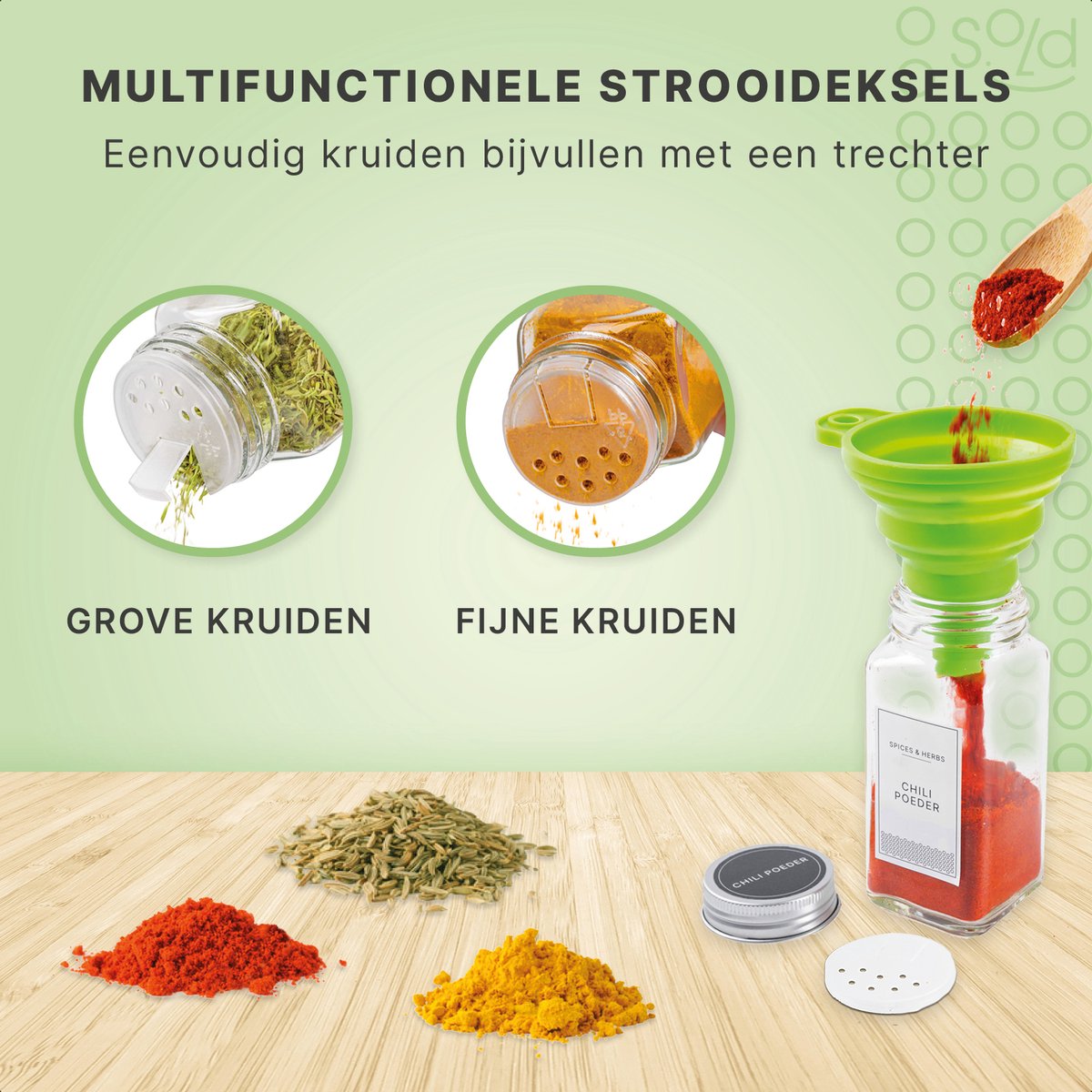S.old - 36 Vierkante Glazen Kruidenpotjes met Metalen Deksel - Kruidenstrooier - Complete Set met Strooideksels - Voorbedrukte Stickers en Trechter - Inhoud 120 ml - 10,5 x 4,3 cm - Glas