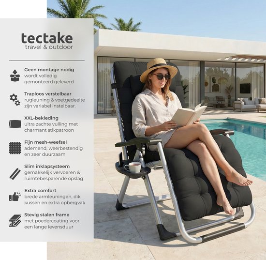 tectake® Opvouwbare Ligstoel Cloud - Tuinstoel met Tafeltje - Bekerhouder - Traploos Verstelbaar - Voor Balkon, Camping of Tuin - Relaxstoel met extra dik Kussen - Strandstoel - Ligbed - Div. kleuren - Zwart