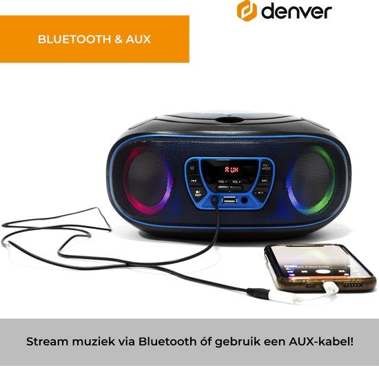 Denver Draagbare Radio CD Speler Kinderen - Bluetooth - Lichteffecten - Boombox - AUX - FM - TCL212BT - Blauw