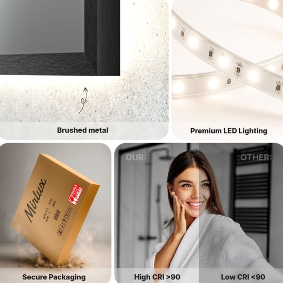 Mirlux Badkamerspiegel - LED Verlichting  - Verwarming – Anti Condens - 80x60CM - Black