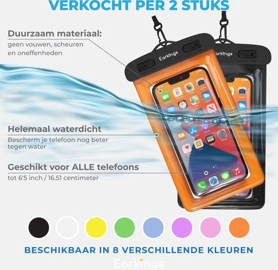 Waterdichte telefoonhoesjes - Drybag Set van 2 stuks - Onderwater Hoesje Telefoon voor Alle Telefoons - Waterdicht telefoonhoesje Earkings - Zwart & Oranje