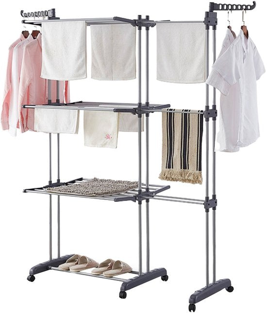 Vonia Droogtoren - Droogrek - Wasrek - Wastoren Dubbel - 3 Lagen - Inklapbaar - 150 x 50 x 171 cm - Grijs