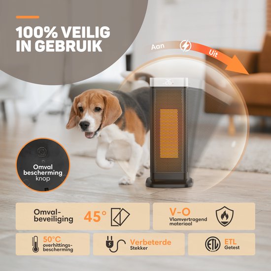 Vulpes Goods® Tech - Elektrische Kachel - Ventilatorkachel - Keramische Kachel - 4 Standen - 2000W - Timer, Afstandsbediening & Thermostaat - Heater - Elektrische Verwarming voor Binnen - Zwart