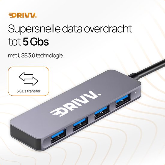 Drivv. USB Splitter 4 poorten - USB 3.0A - USB Hub 3.0 - Aluminium Behuizing - Grijs