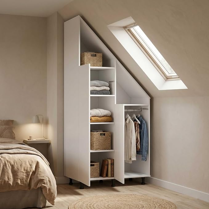 VDD Kast voor Schuine Wand - Zolderkast met Open Vakken en Deuren - 91 x 47 x 182/90 cm - Verstelbare Poten - Wit