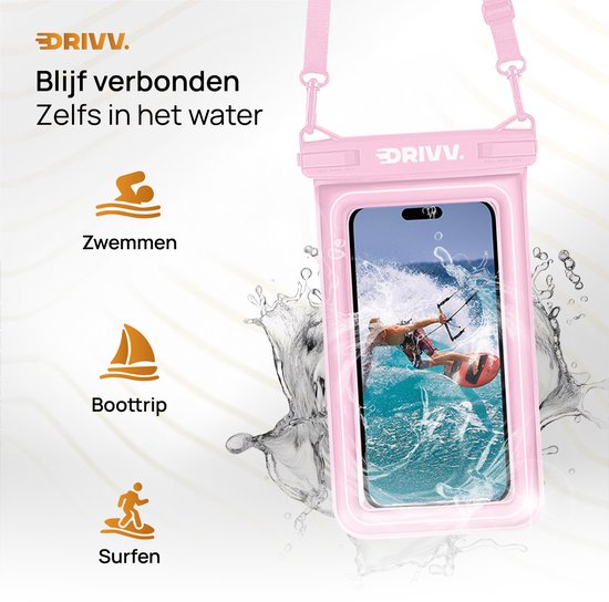 Drivv. Luxe Waterdicht Telefoonhoesje – Drijvend - Dubbele Klipsluiting - Tot 6.8 inch – Onderwater Hoesje telefoon - Roze