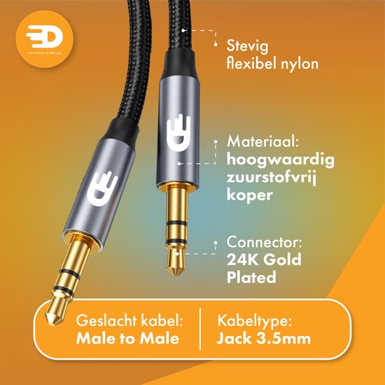 Drivv. AUX Kabel 3,5 mm - Audiokabel - Verguld - Male to Male - Zilver - 2 meter