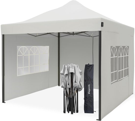 LifeGoods Partytent - 3x3 m - Zijwanden - Easy Up - Paviljoen - Opvouwbaar - Waterdicht - Draagtas met Wieltjes - Wit