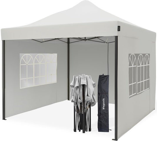 LifeGoods Partytent - 3x3 m - Zijwanden - Easy Up - Paviljoen - Opvouwbaar - Waterdicht - Draagtas met Wieltjes - Wit