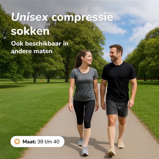 Alyze Compressie kousen - 2 paar - Maat 38-40 - Hoog - 20-30 mmHg - Sokken voor mannen & vrouwen - Medische - Neuropathie - Steunkousen - Diabetes - Doorbloeding, Hardlopen, Vliegtuig, Bed - Nude