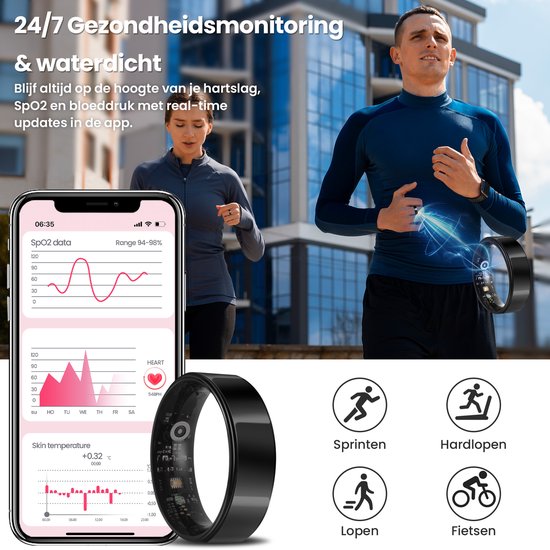 Smart Ring - Maat 7 - voor Dames en Heren - Activity Tracker - Wearables - Zwart - van Saaf
