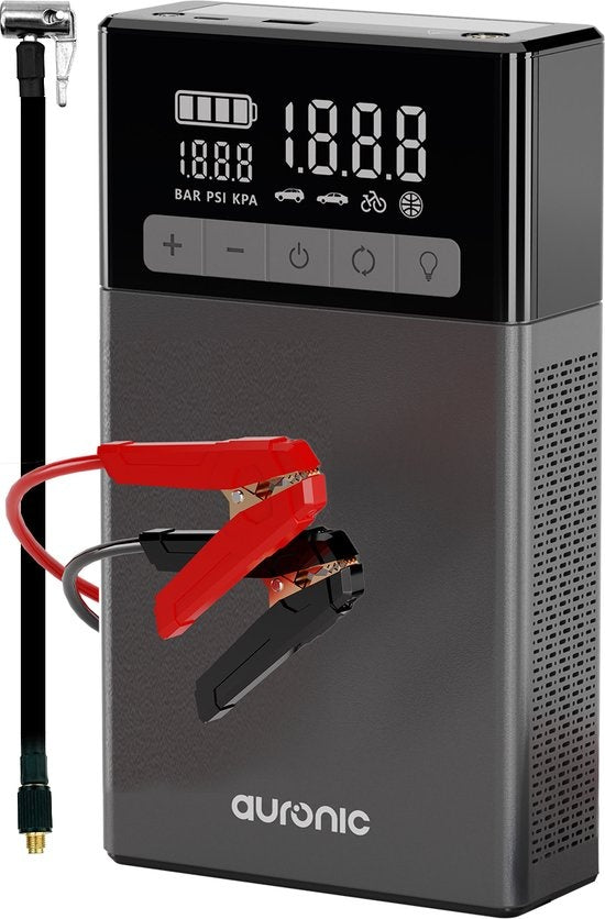 Auronic 12V Jumpstarter – Starthulp voor Auto's - Met Compressor en Bandenpomp – 1500A - 4L Diesel 8L Benzine - Zwart/Grijs