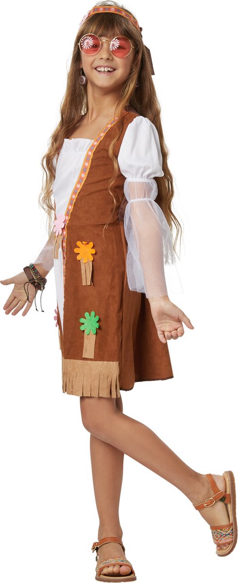 Dressforfun - Groovy Hippie Squaw - Meisjeskostuum met korte jurk, suèdelook vest, franjes en hoofdband voor Carnaval & Feest - Maat 140 (9-10 jaar)