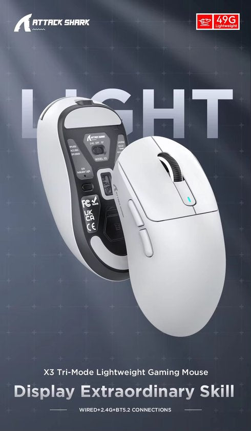 Attack Shark X3 draadloze gaming muis PAW3395, superlicht 49 g, 26.000 DPI, tri mode 2.4G Bluetooth en USB C, 200 uur batterij, programmeerbare knoppen