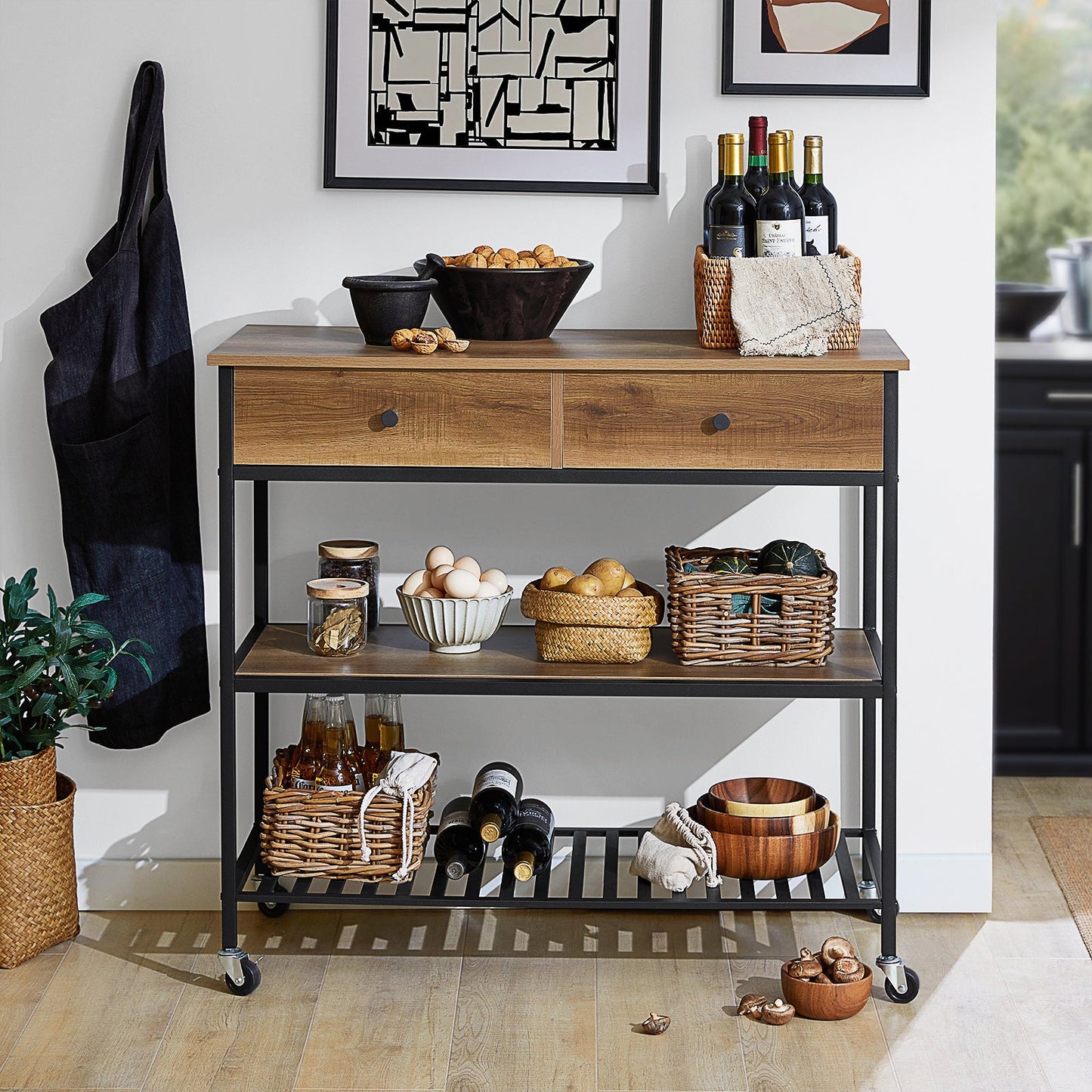 SoBuy Keukentrolley op wieltjes met 2 lades en 2 planken - 100x45x93 cm - Max. 60KG - Houtkleur donker