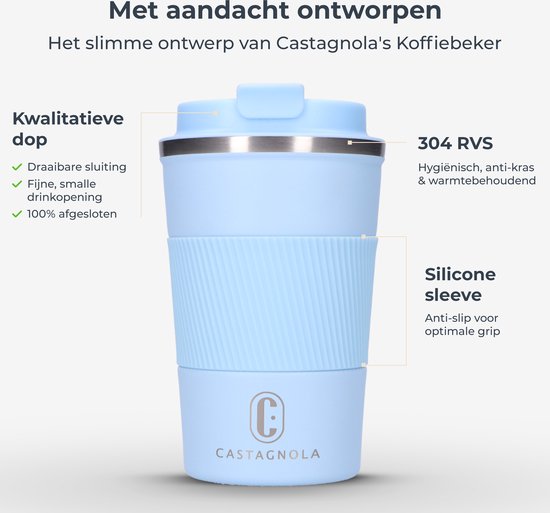 Castagnola Thermosbeker - Koffiebeker To Go - Travel Mug voor Koffie en Thee - Theebeker - 380 ML - RVS - Lichtblauw