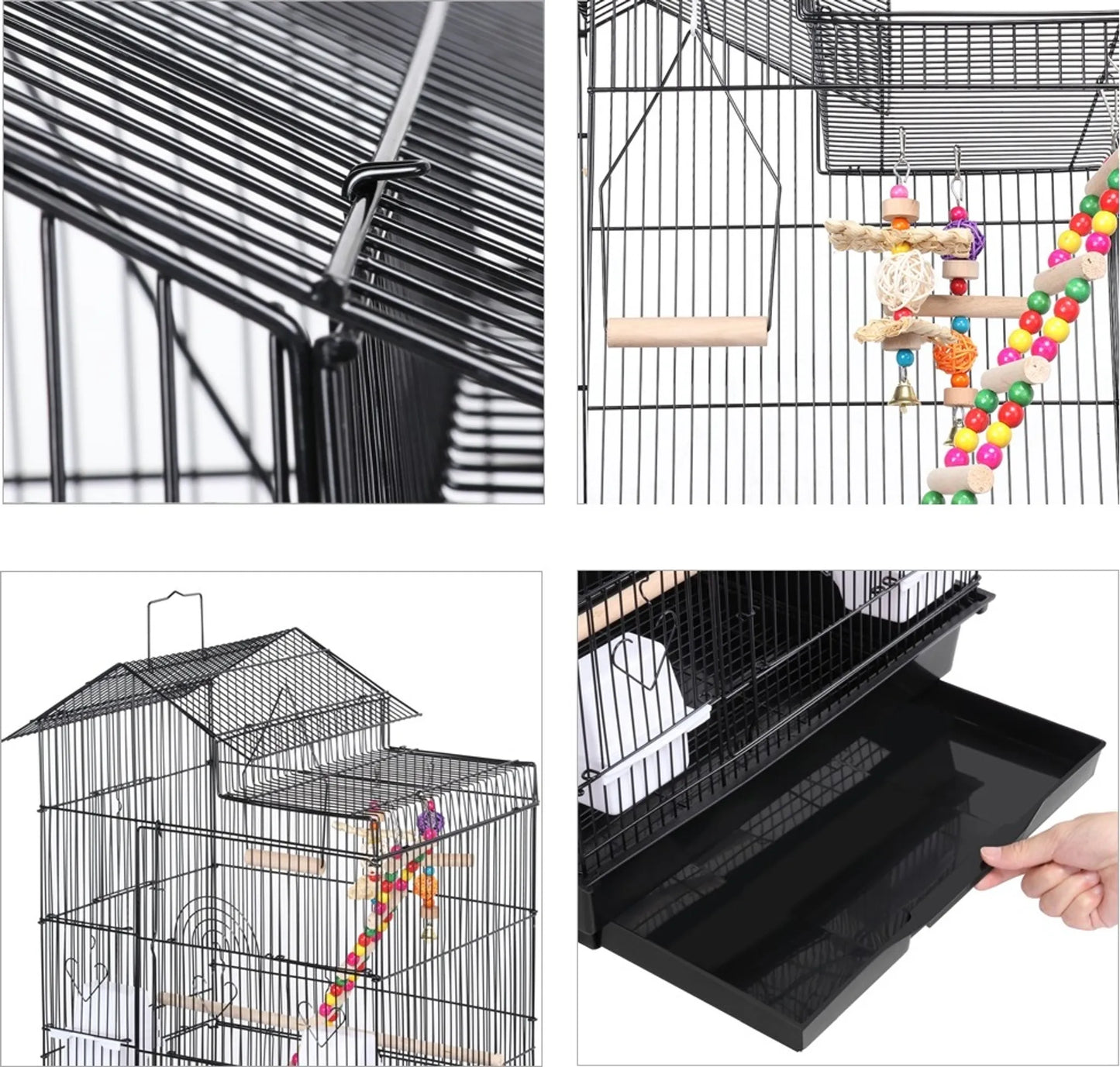 Yaheetech Vogelkooi Met Speeltuin – 46 x 35,5 x 99 cm – Voorzien Van Uitneembare Bodemplaat En Draadsloten En Complete Accessoireset – Voor Parkieten En Kanaries – Zwart Metaal En Hout