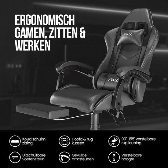 Avalo Gaming Stoel - Gamestoel - Ergonomische Bureaustoel - Verstelbaar - Game Stoel - Gaming Chair - Zwart