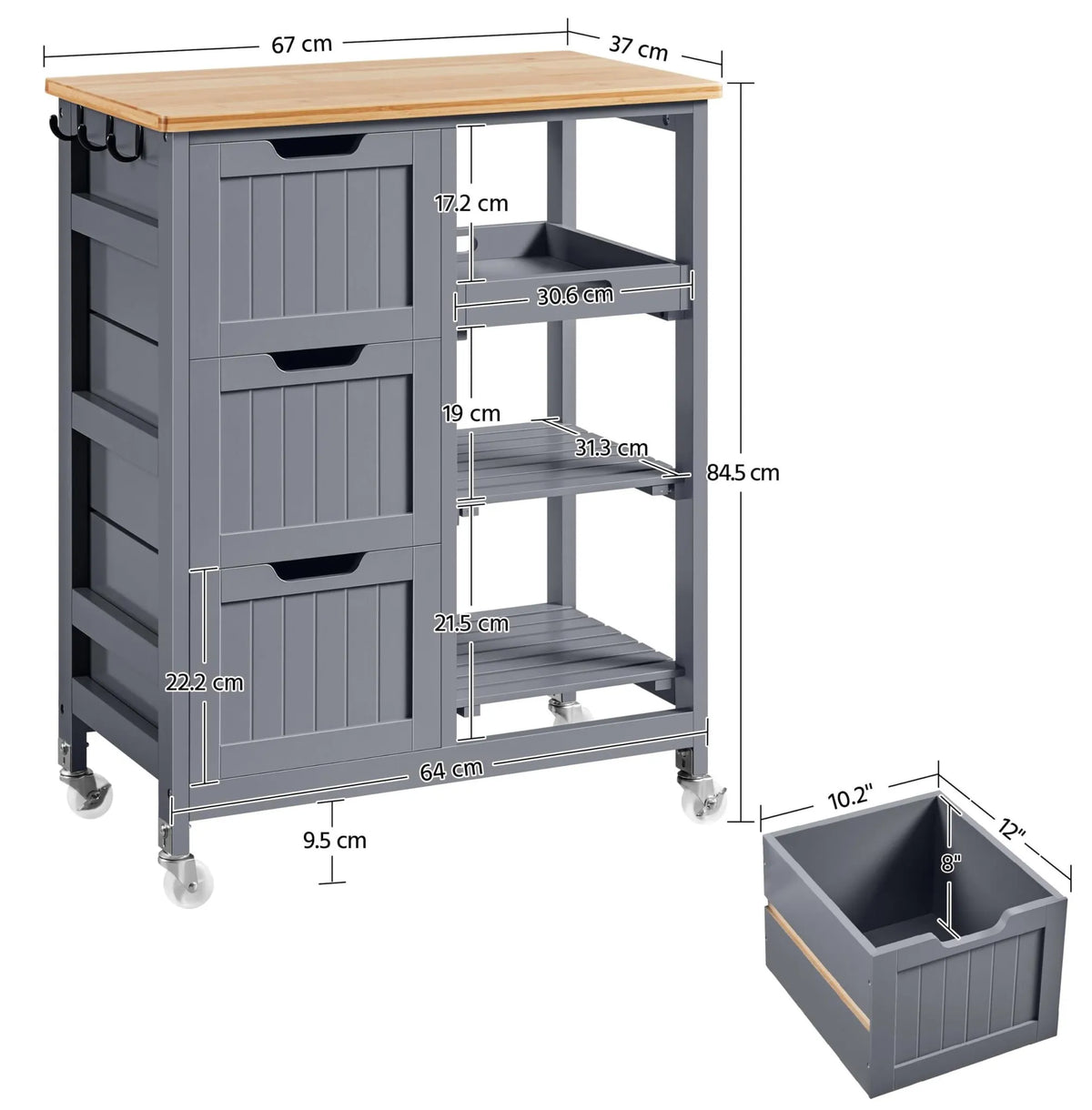 Yaheetech Keukentrolley met 3 Lades en Wielen - 67 x 37 x 84,5 cm - Donkergrijs