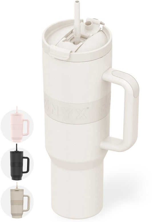ONYX Drinkfles met Rietje 1 Liter - Waterfles voor Kinderen & Volwassenen - Thermosbeker RVS Travel Mug - Motiverende Drinkbus - Drinkbeker voor School - Coco White