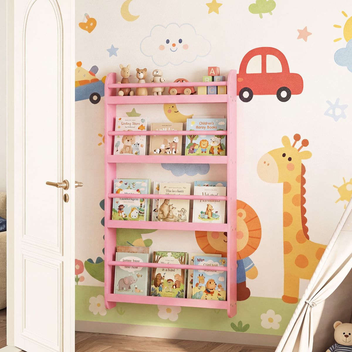 Coast Kinderboekenrek wandplank - ruimtebesparend - 4 planken - wit/roze