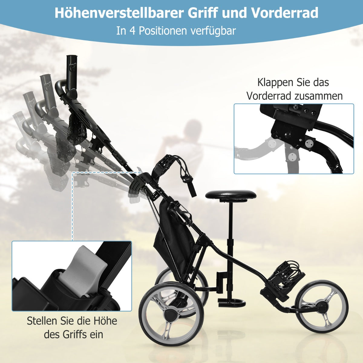 Coast Golftrolley met Parapluhouder en Stoel - 130 x 75 x 120 cm - Grijs / Zwart