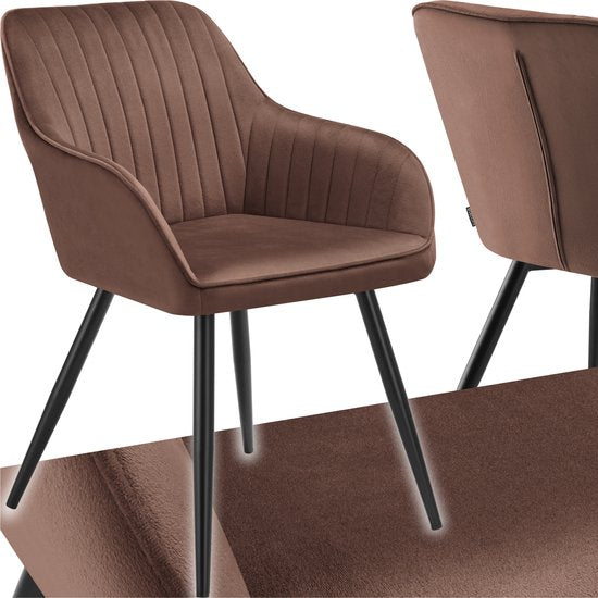 tectake® Eetkamerstoel Marilyn - Gestoffeerde Stoel in Fluweellook - Stikpatroon - Zwarte Stoelpoten - Ergonomische Keukenstoel - Met Doorlopende Rugleuning en Armleuningen - Stoel voor Woonkamer, Eetkamer, Slaapkamer - Bruin