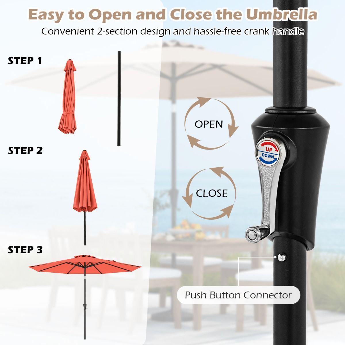 Coast 303x253 cm Terrasparasol Oranje – Kantelbare Parasol met Zwengel en 8 Baleinen voor Tuin, Terras en Zwembad