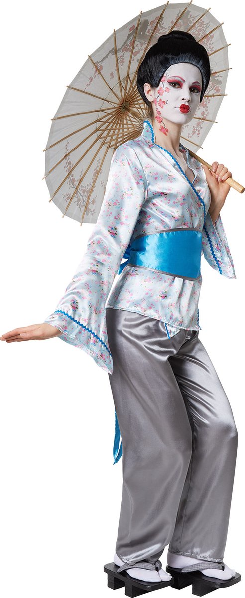 Dressforfun - Betoverende Geisha Aiko - Glanzend satijnen Geisha-kostuum met blouse, broek & buikriem voor Carnaval, Themafeesten & Japanse Stijl - Maat XXL