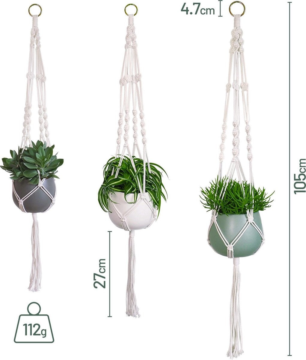 Gadgy Plantenhanger Macramé - Luxe gevlochten touw katoen - 3 stuks - plantenpot ophangen - Hangpot