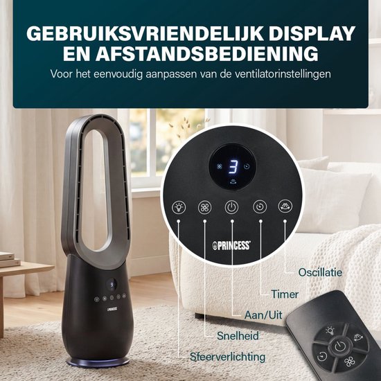 Princess Bladloze Torenventilator - 70 W - Met Afstandsbediening - Bladeless Fan - LED‑display - 4 Snelheden - Oscillerend - 351590