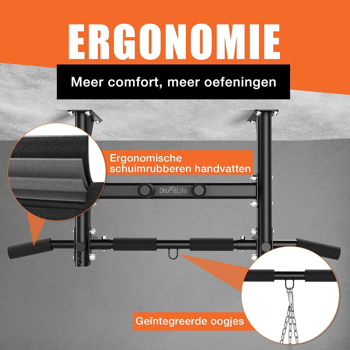 DH FitLife Plafond Optrekstang 4-in-1 - 8 Grepen - Tot 300 kg - 44,5 x 25,5 cm - Zwart