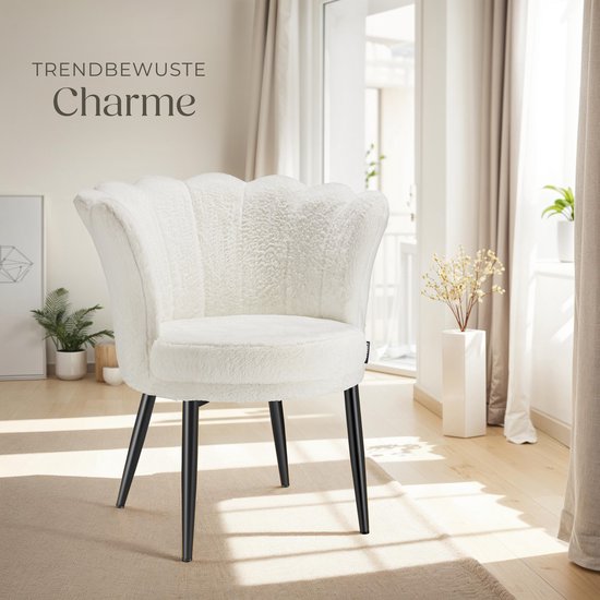 tectake® Fauteuil Stella - Kuipstoel met armleuning – Comfortabele Eetkamerstoel – Keukenstoel – Dikke vulling – Voor woonkamer en eetkamer – Met imitatiebont bekleding - crème/zwart