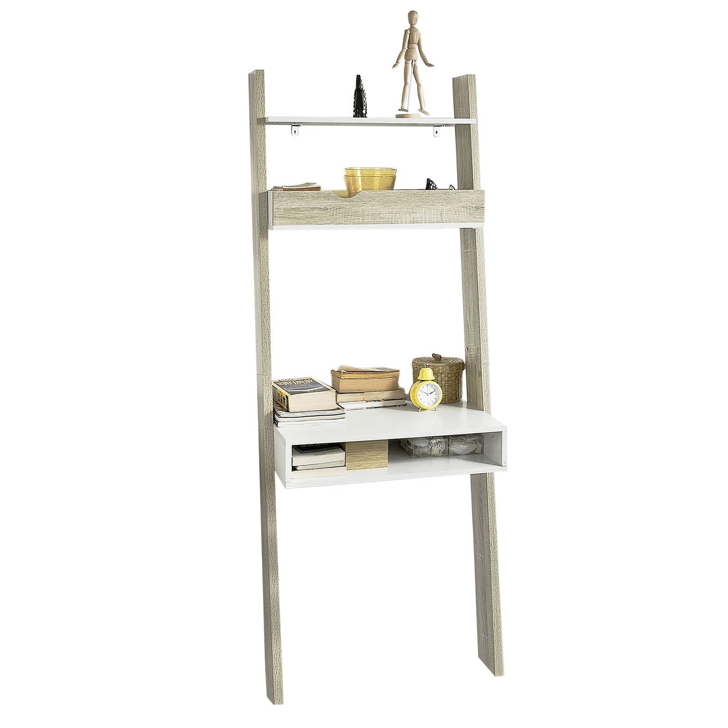SoBuy FRG111-WN Boekenplank met Bureau - Wandmodel MDF/Spaanplaat - 40 x 65 x 176 cm - Wit/Naturel